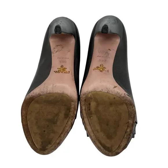 Prada Womens Size 38.5 US 7.5 Leather Heels Gunmetal Peep Hole Toe Made in Italy - Picture 13 of 16